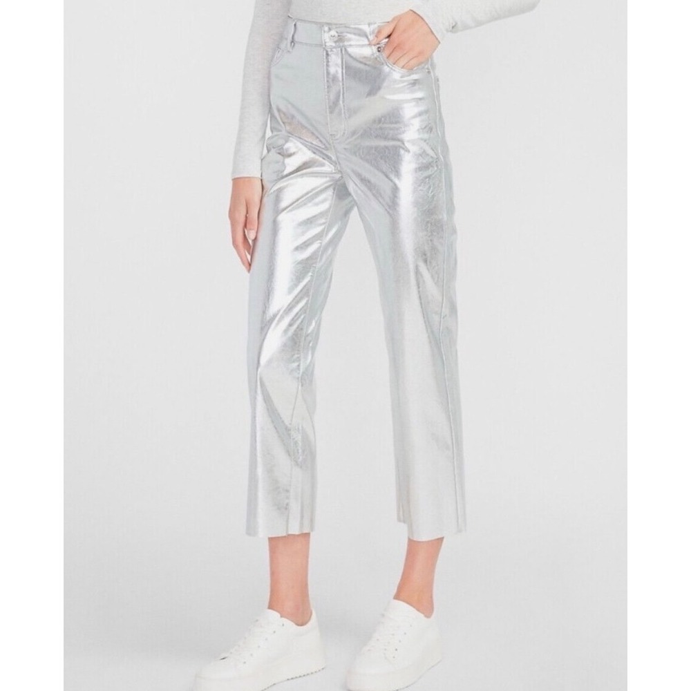 Express Silver Metallic Straight Super High Rise Pants Size 6 NWT Minor Flaws